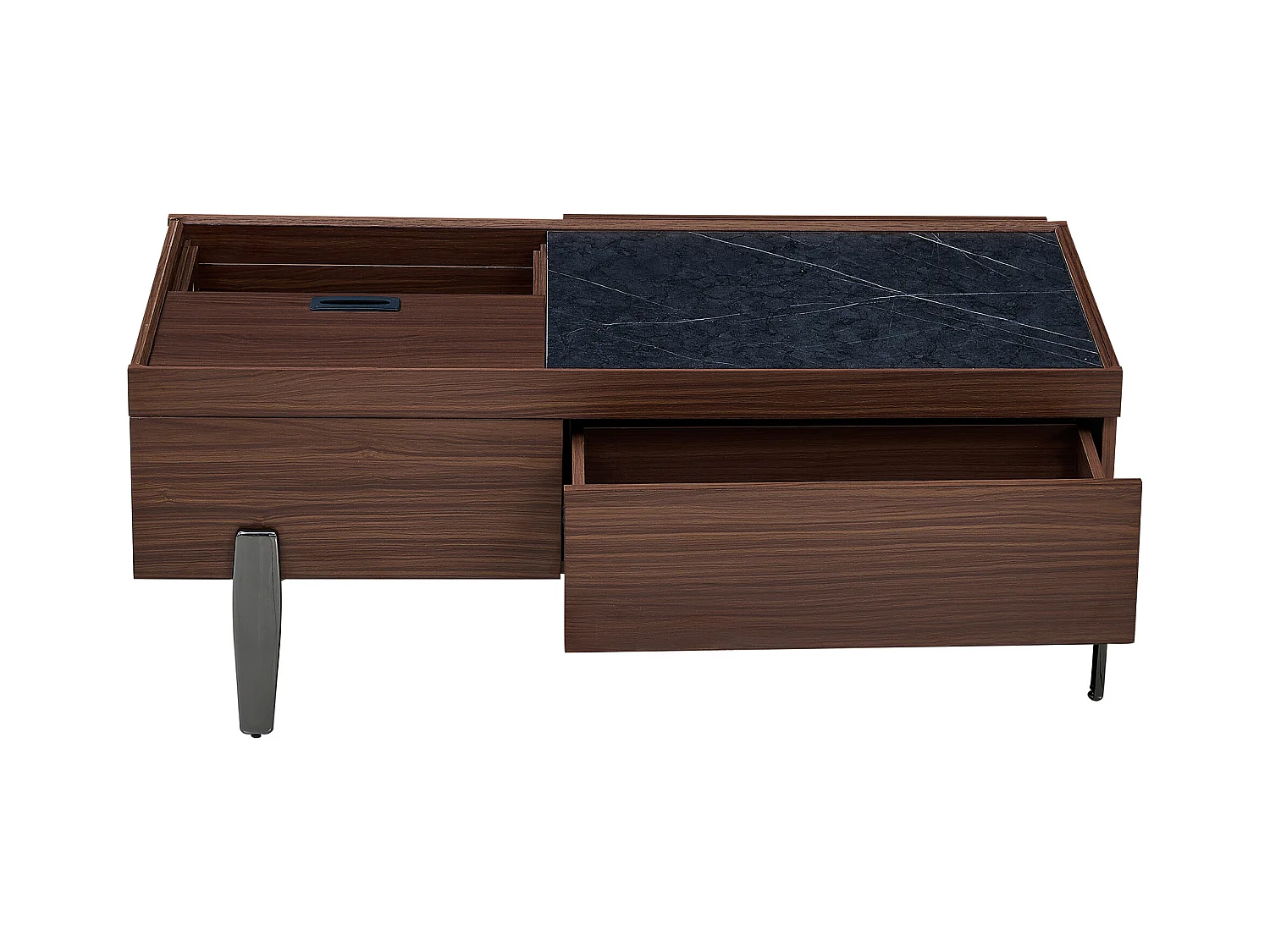 Couchtisch 105x50x41.5 cm - mit 2 Schubladen - Glasplatte - Metallfüße - MDF - Braun