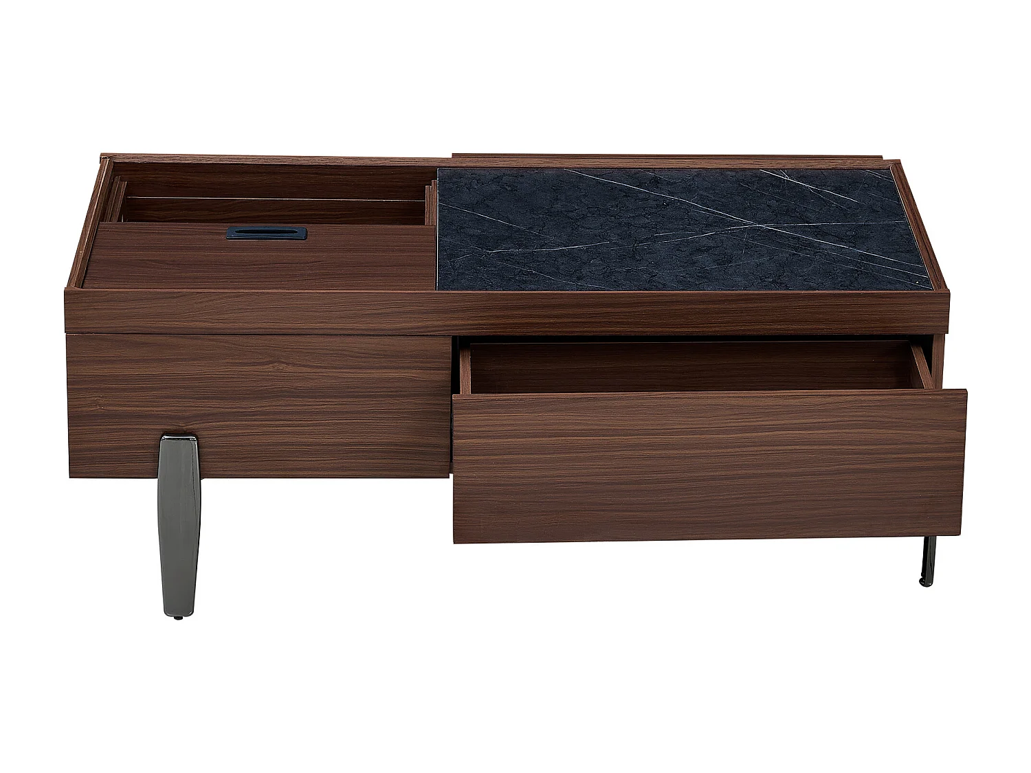 Couchtisch 105x50x41.5 cm - mit 2 Schubladen - Glasplatte - Metallfüße - MDF - Braun