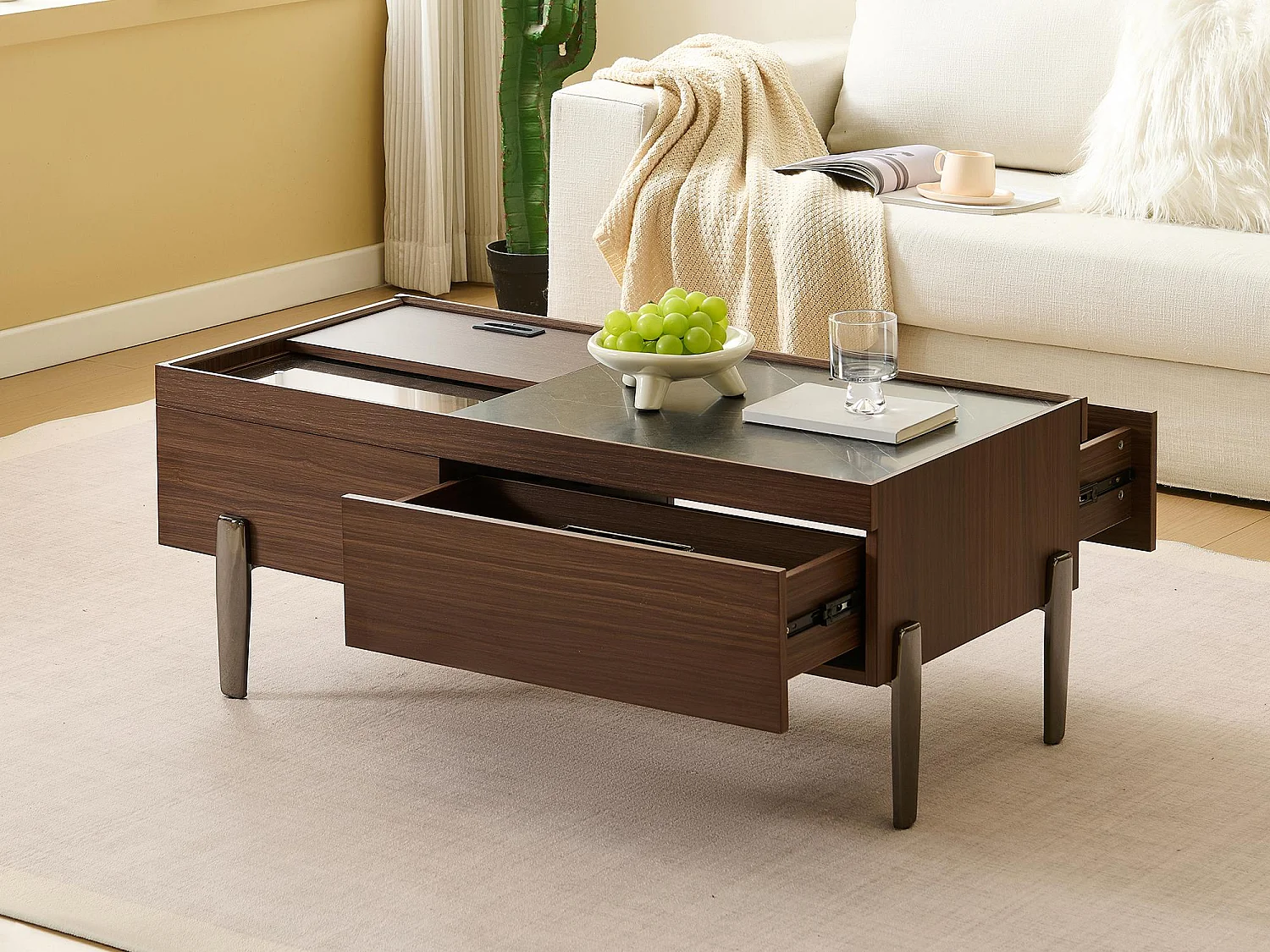 Table basse 105x50x41.5 cm - avec 2 tiroirs - Plateau en verre - Pieds en métal - MDF - Marron