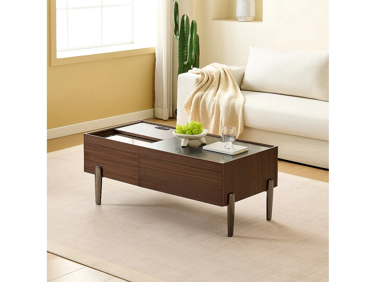 Table basse 105x50x41.5 cm - avec 2 tiroirs - Plateau en verre - Pieds en métal - MDF - Marron