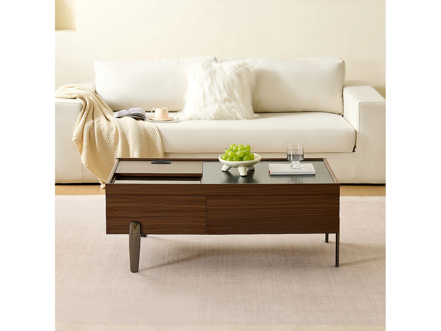 Table basse 105x50x41.5 cm - avec 2 tiroirs - Plateau en verre - Pieds en métal - MDF - Marron