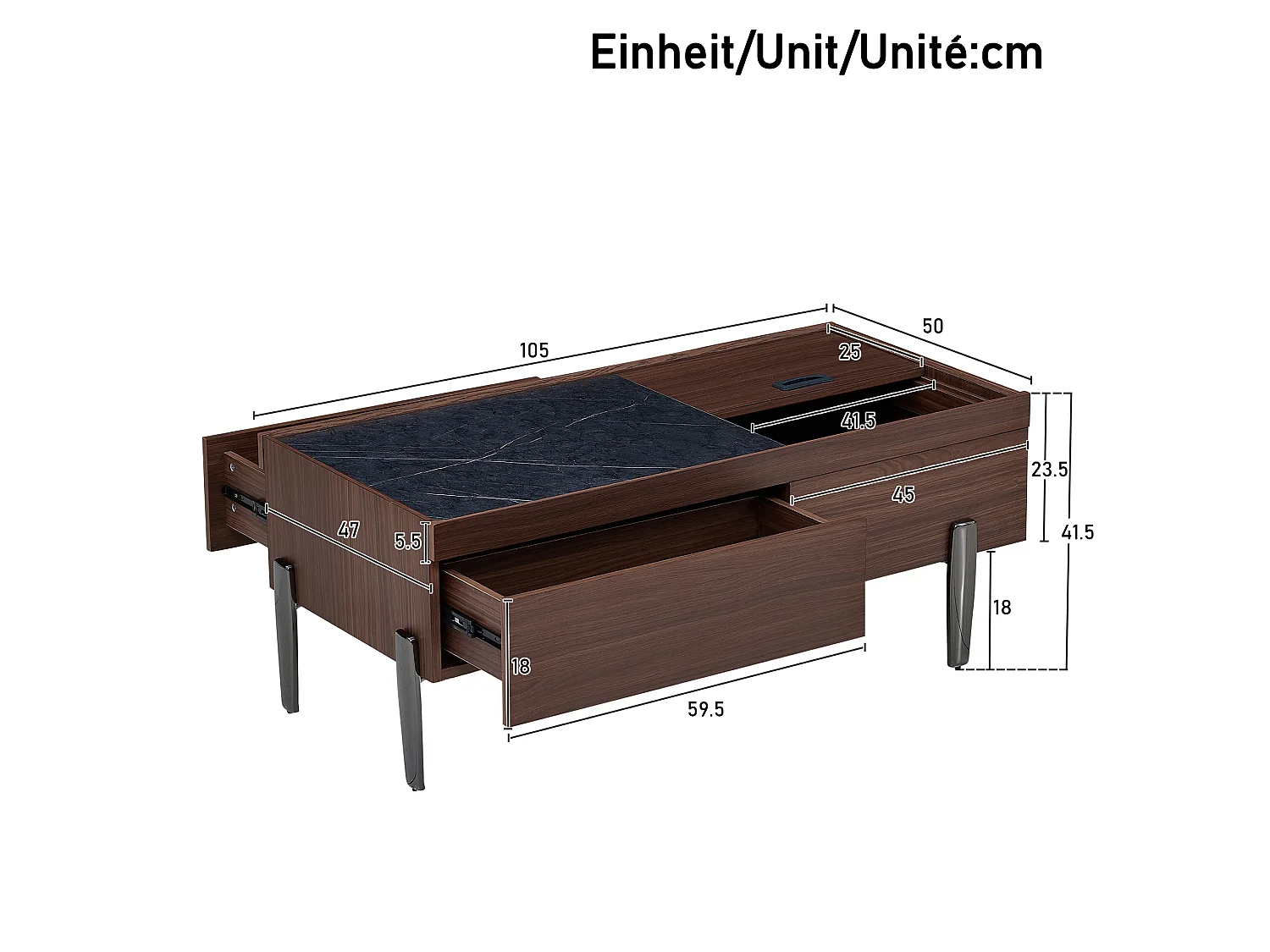 Table basse 105x50x41.5 cm - avec 2 tiroirs - Plateau en verre - Pieds en métal - MDF - Marron