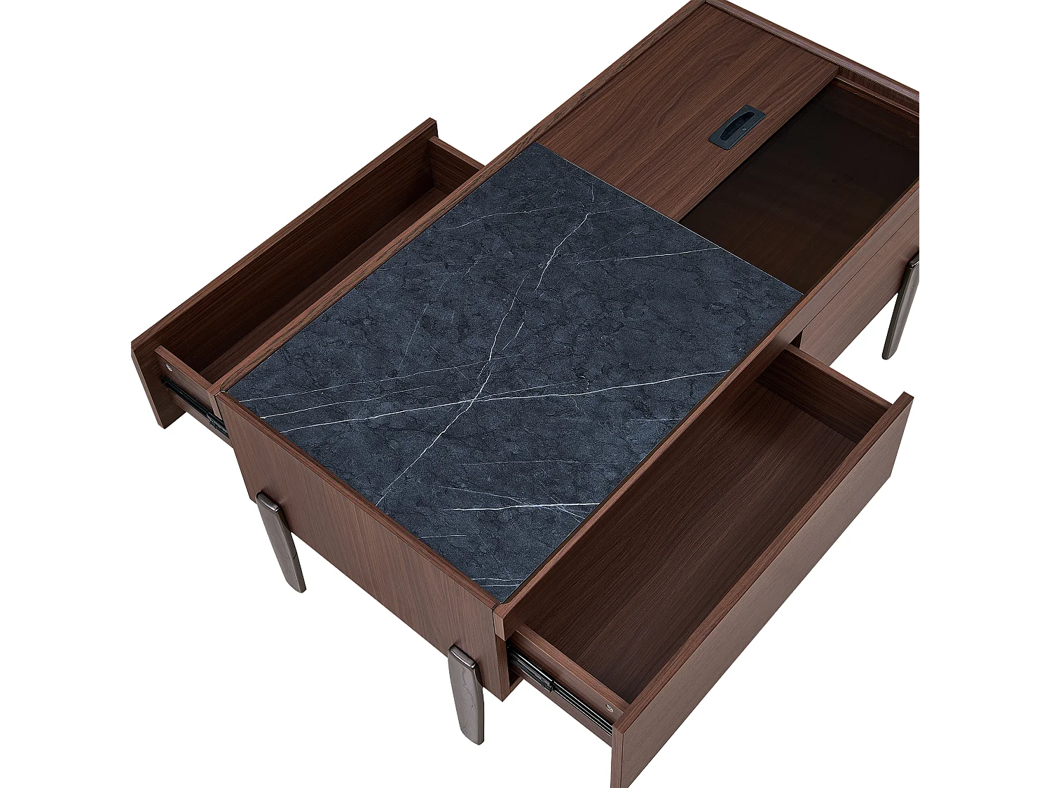 Table basse 105x50x41.5 cm - avec 2 tiroirs - Plateau en verre - Pieds en métal - MDF - Marron