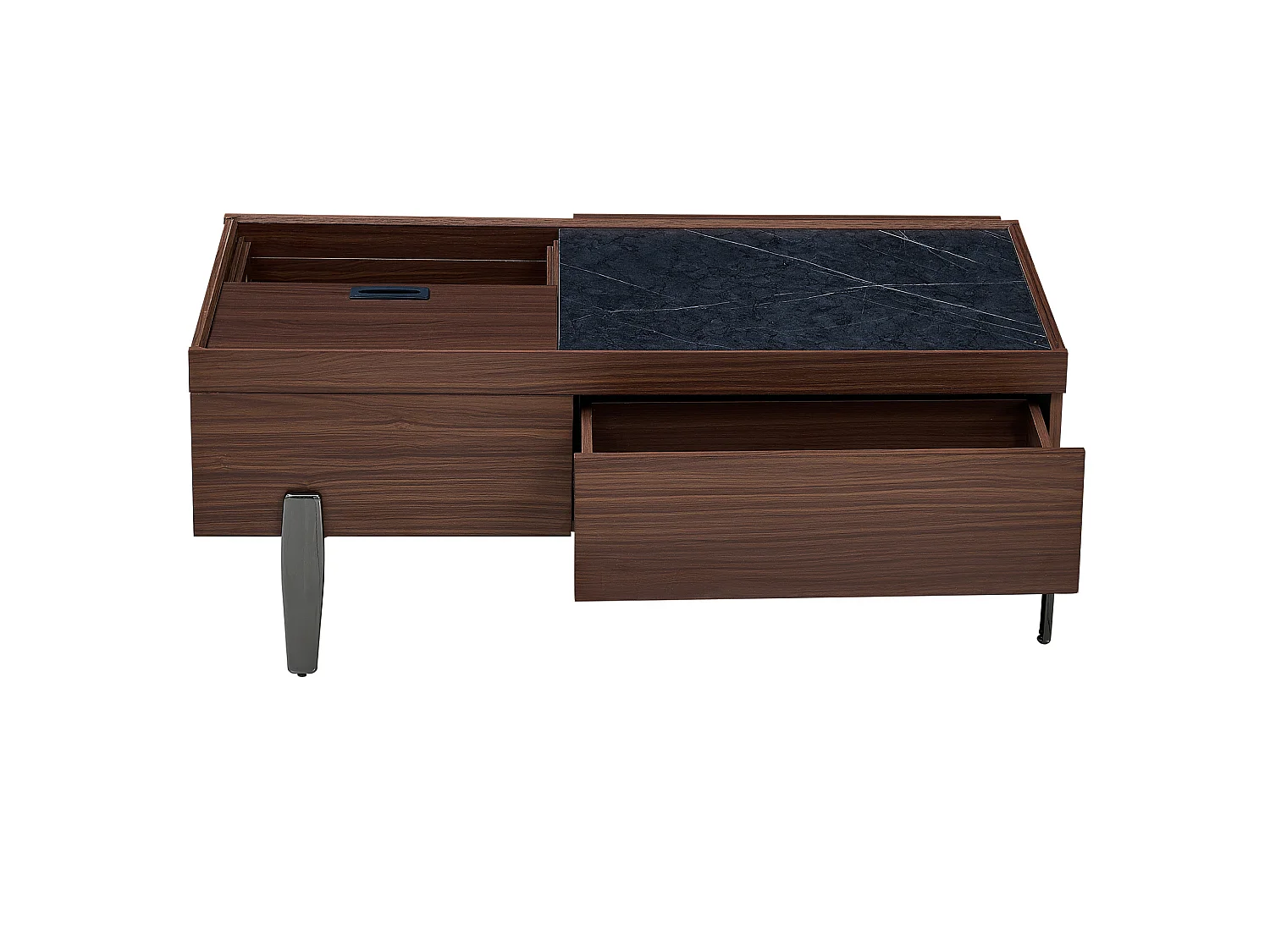 Table basse 105x50x41.5 cm - avec 2 tiroirs - Plateau en verre - Pieds en métal - MDF - Marron