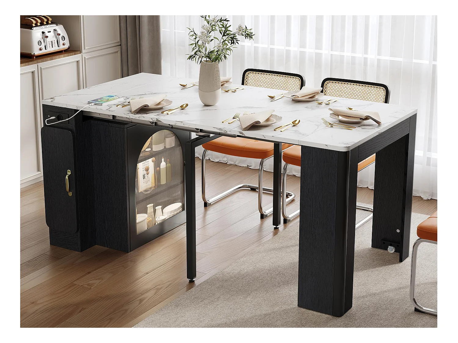 Kücheninsel - mit USB und LED - mit abnehmbarem und ausziehbarem Esstisch - Marmorstruktur - mit 1 Tür - schwarz + weiß