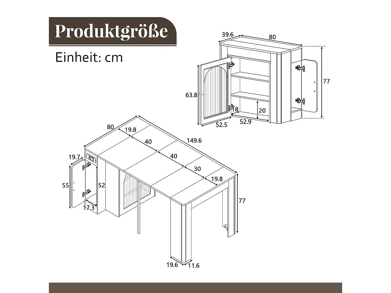 Kücheninsel - mit USB und LED - mit abnehmbarem und ausziehbarem Esstisch - Marmorstruktur - mit 1 Tür - schwarz + weiß
