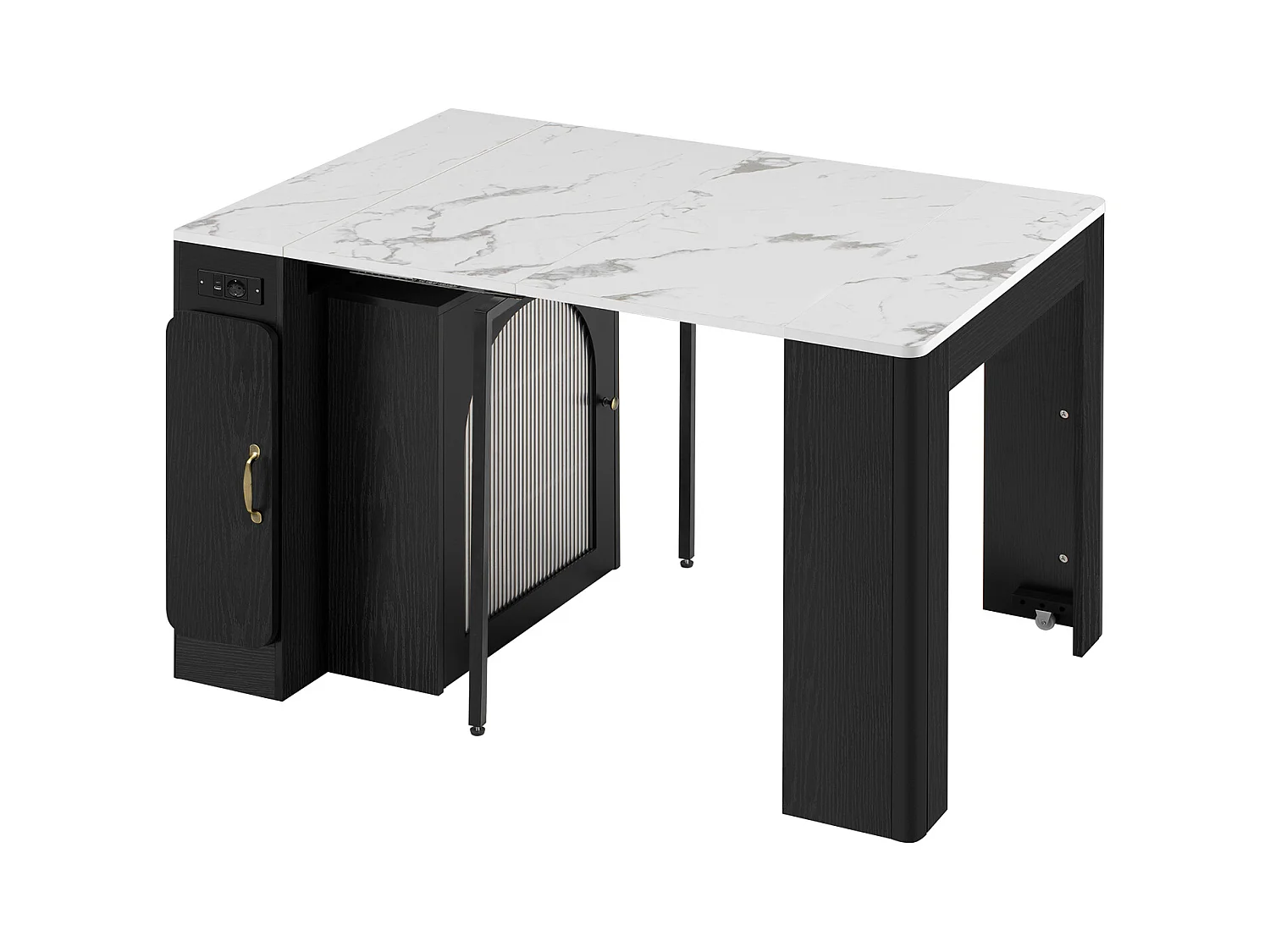 Kücheninsel - mit USB und LED - mit abnehmbarem und ausziehbarem Esstisch - Marmorstruktur - mit 1 Tür - schwarz + weiß
