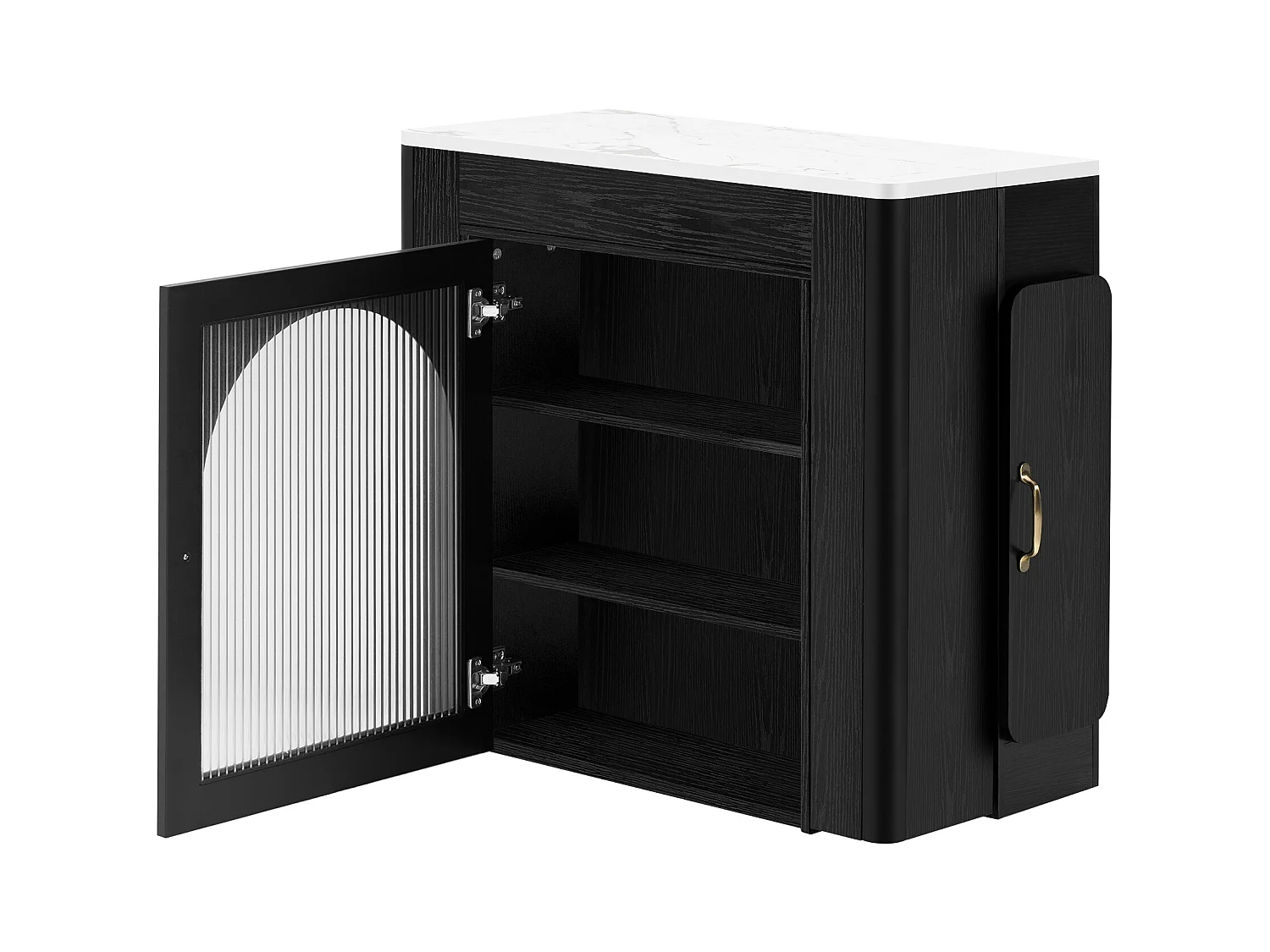 Kücheninsel - mit USB und LED - mit abnehmbarem und ausziehbarem Esstisch - Marmorstruktur - mit 1 Tür - schwarz + weiß