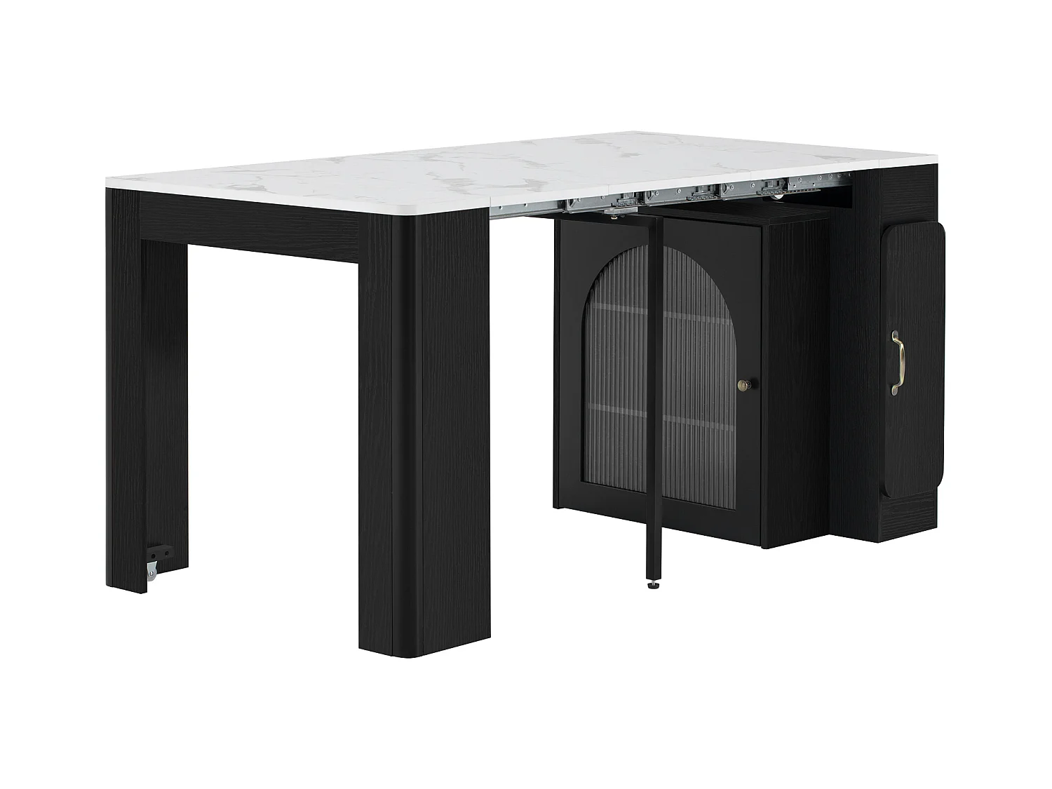 Kücheninsel - mit USB und LED - mit abnehmbarem und ausziehbarem Esstisch - Marmorstruktur - mit 1 Tür - schwarz + weiß