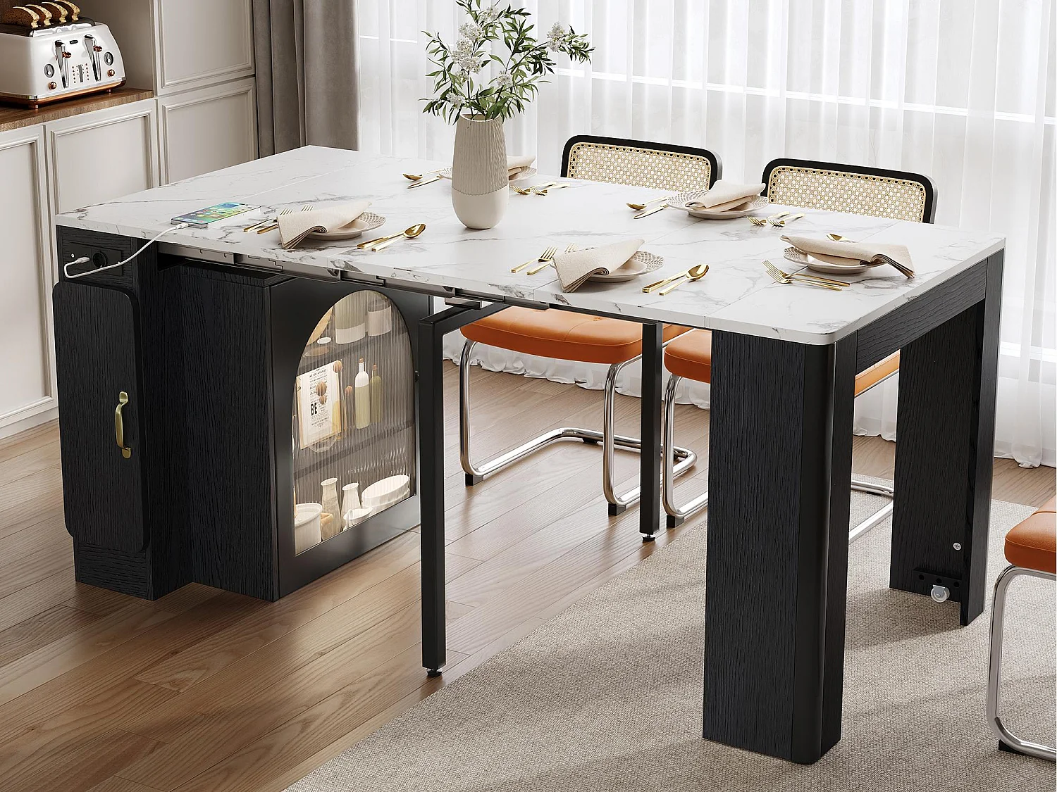 Ilot central de cuisine - avec USB et LED - avec table à manger amovible et extensible - texture de marbre - avec 1 porte - noir + blanc