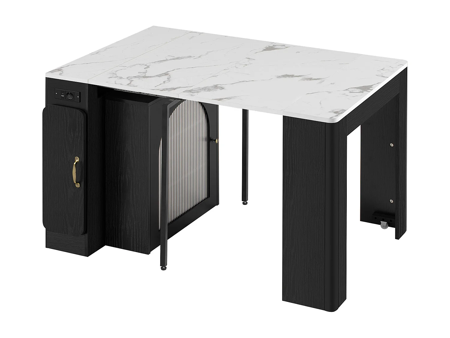 Ilot central de cuisine - avec USB et LED - avec table à manger amovible et extensible - texture de marbre - avec 1 porte - noir + blanc