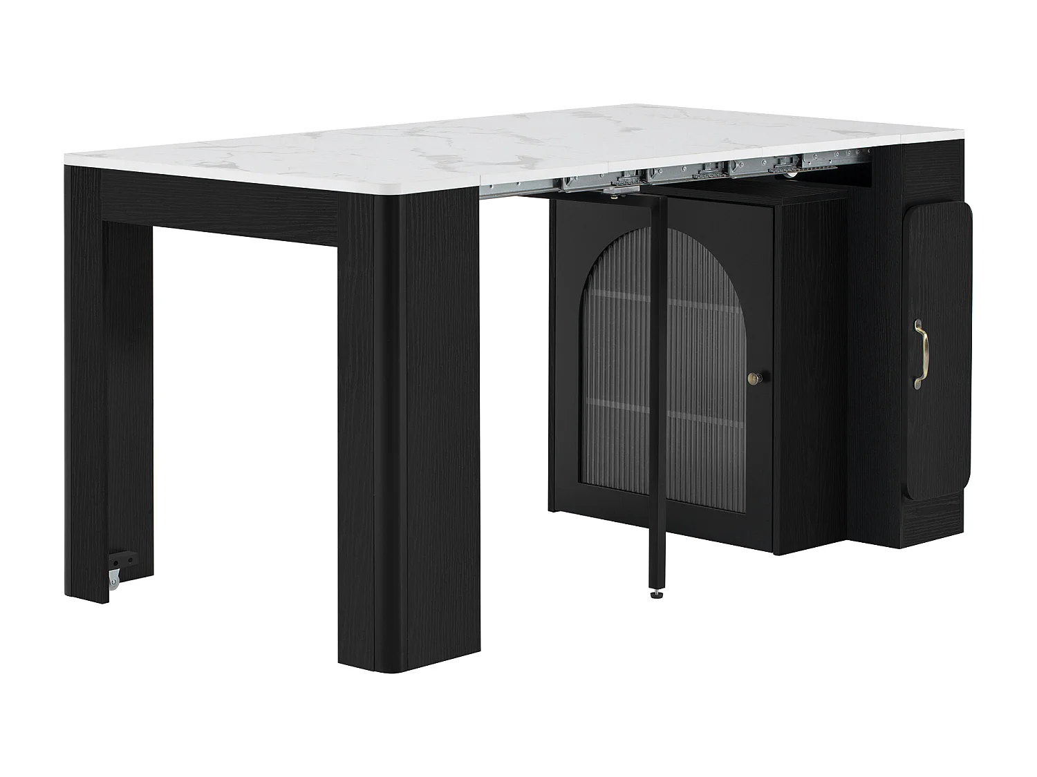 Ilot central de cuisine - avec USB et LED - avec table à manger amovible et extensible - texture de marbre - avec 1 porte - noir + blanc