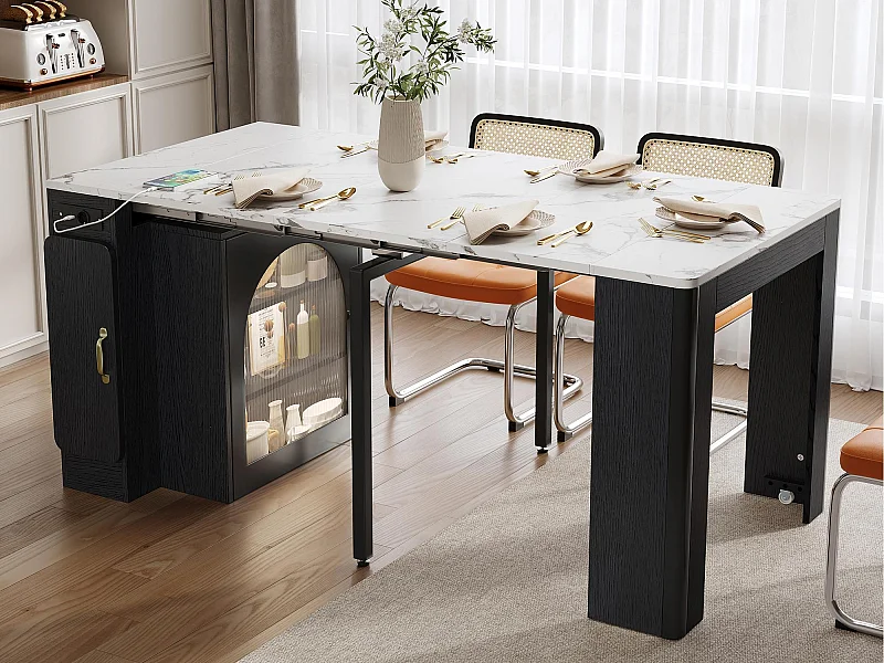 Ilot central de cuisine - avec USB et LED - avec table à manger amovible et extensible - texture de marbre - avec 1 porte - noir + blanc