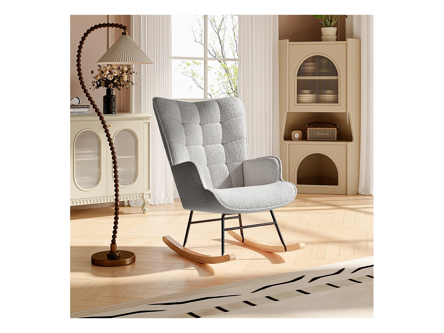 Fauteuil à Bascule - Fauteuil à Oreilles Rembourré - Pieds en Métal et en Bois Massif - Velours Teddy