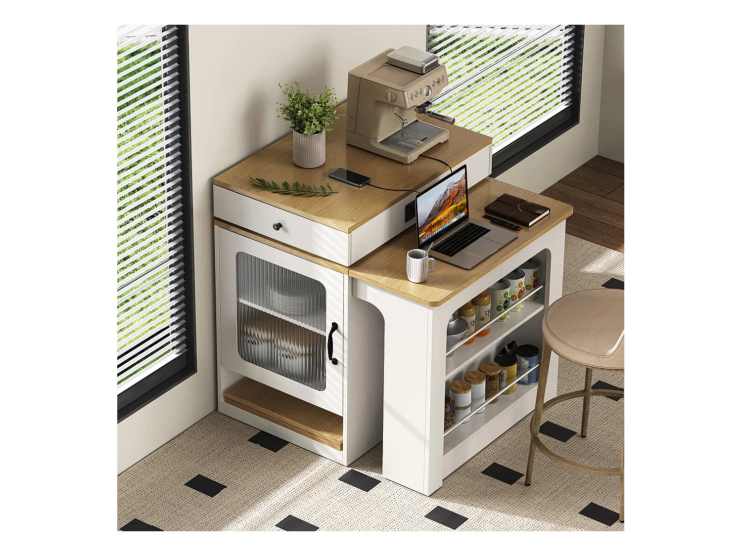 Ilot central de cuisine - avec prise de courant - avec table à manger amovible et extensible - texture du bois - avec 1 porte - naturel + blanc