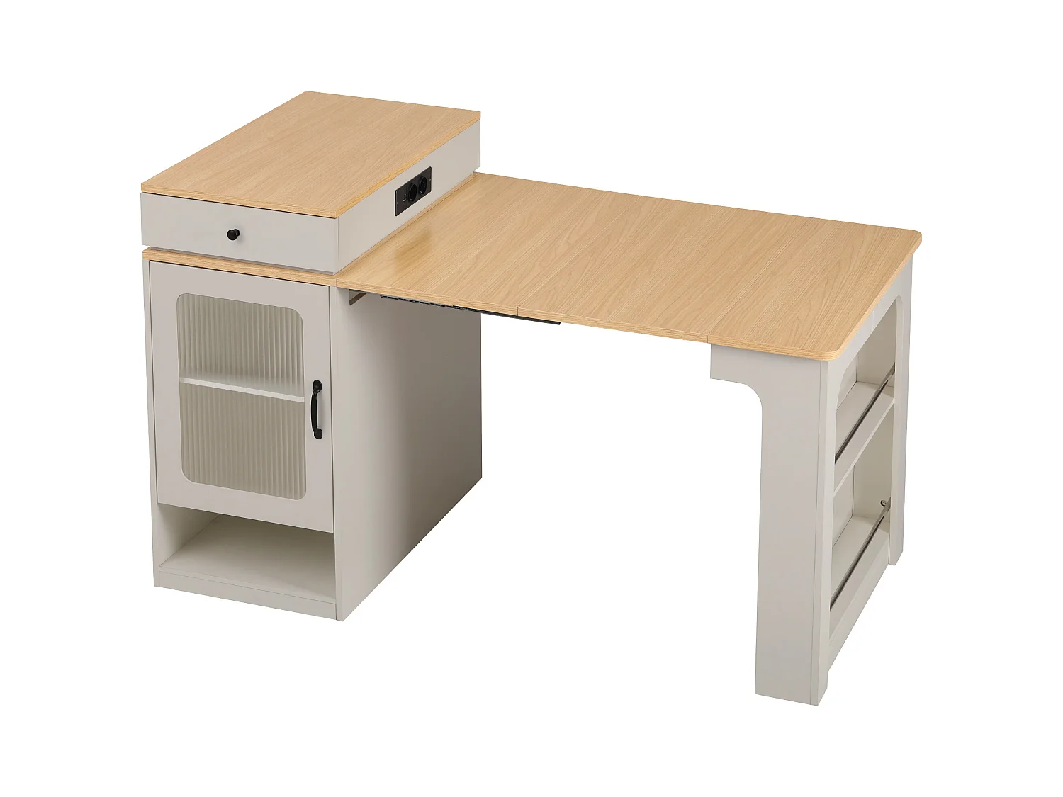 Ilot central de cuisine - avec prise de courant - avec table à manger amovible et extensible - texture du bois - avec 1 porte - naturel + blanc