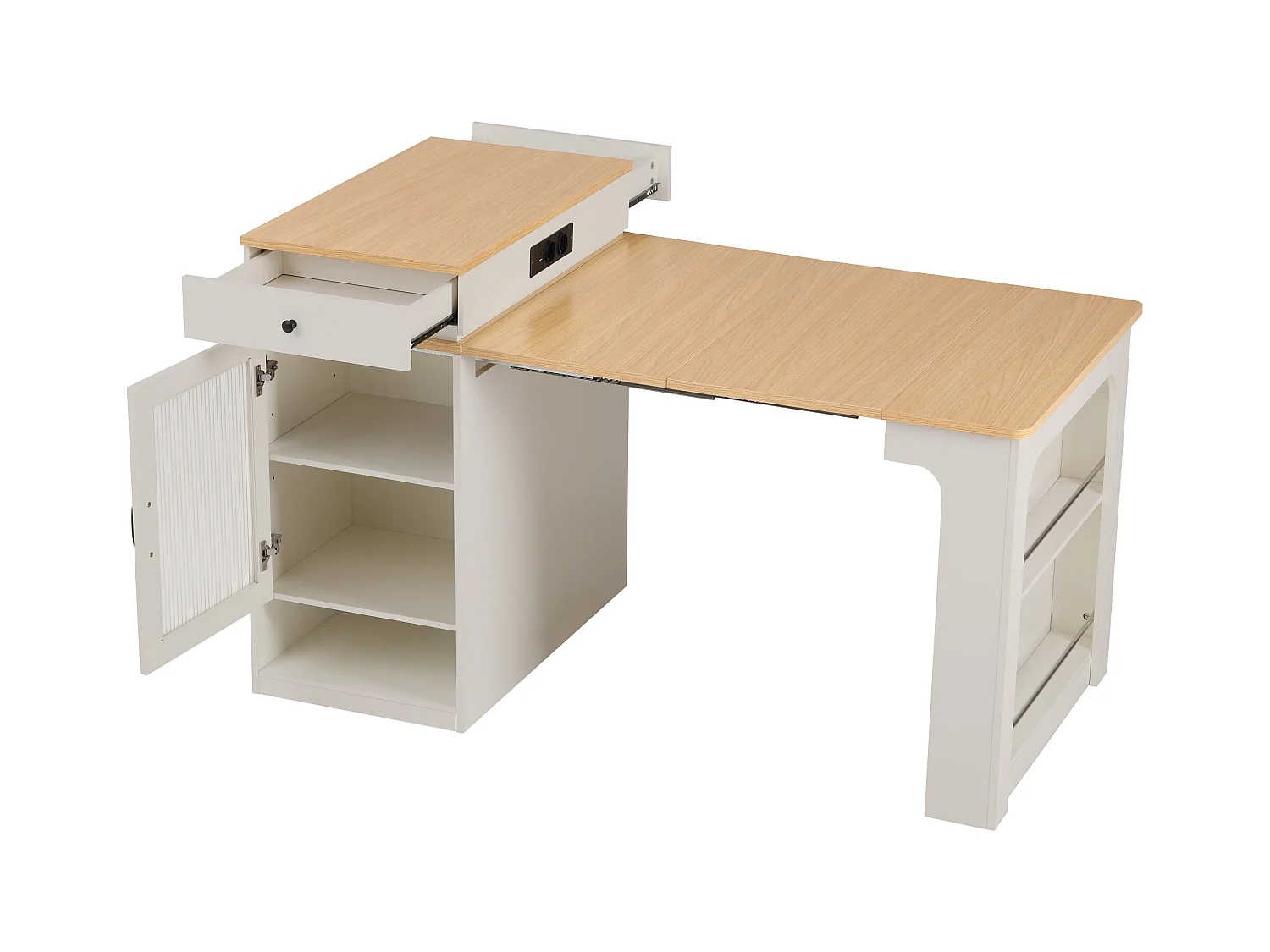 Ilot central de cuisine - avec prise de courant - avec table à manger amovible et extensible - texture du bois - avec 1 porte - naturel + blanc