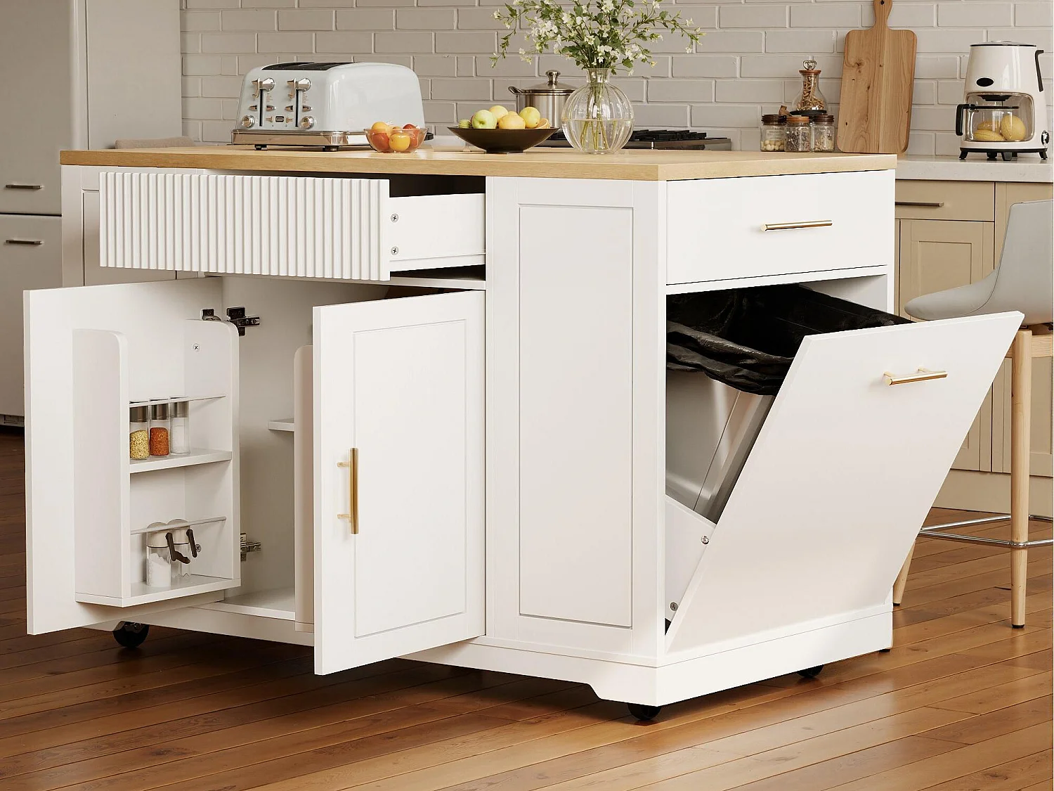 Ilot central de cuisine mobile - 3 portes et 2 tiroirs - étagères ouvertes - avec compartiment poubelle - MDF - Blanc