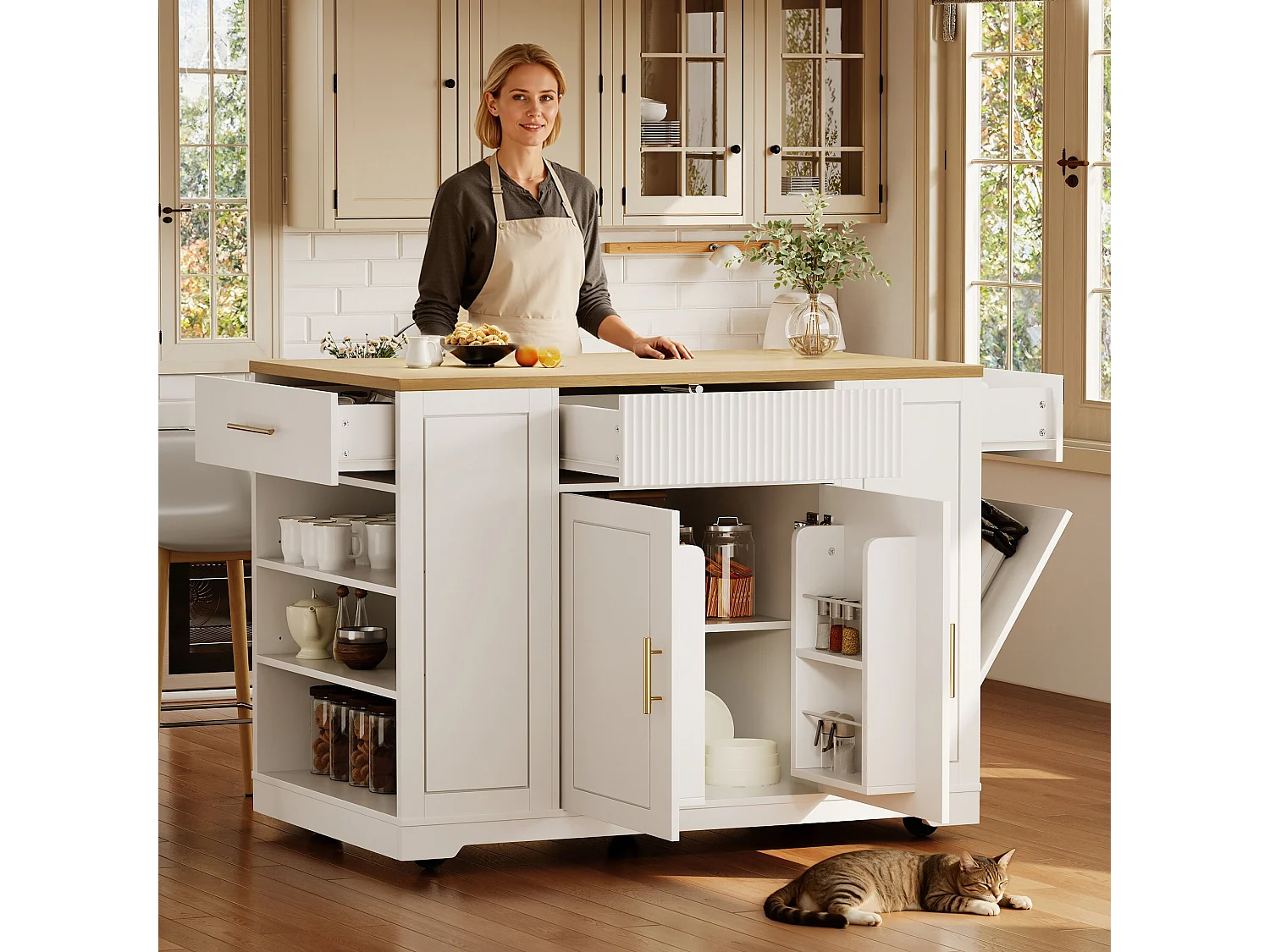 Ilot central de cuisine mobile - 3 portes et 2 tiroirs - étagères ouvertes - avec compartiment poubelle - MDF - Blanc