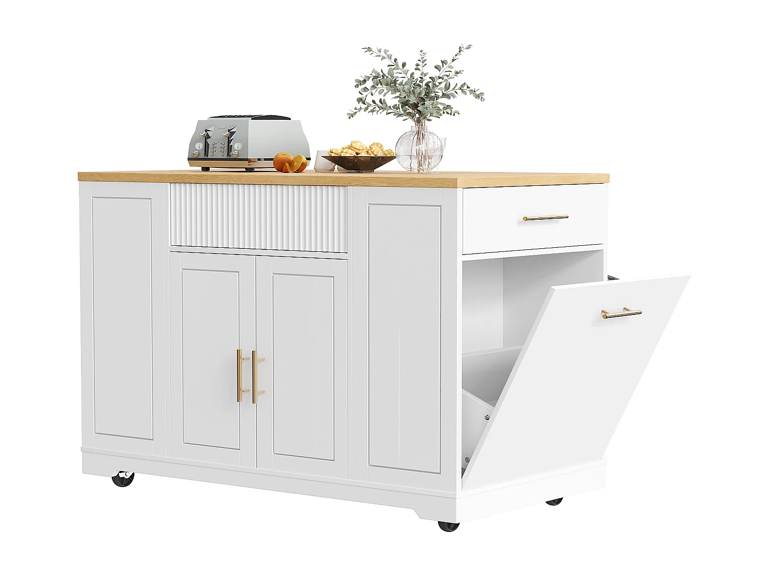 Ilot central de cuisine mobile - 3 portes et 2 tiroirs - étagères ouvertes - avec compartiment poubelle - MDF - Blanc