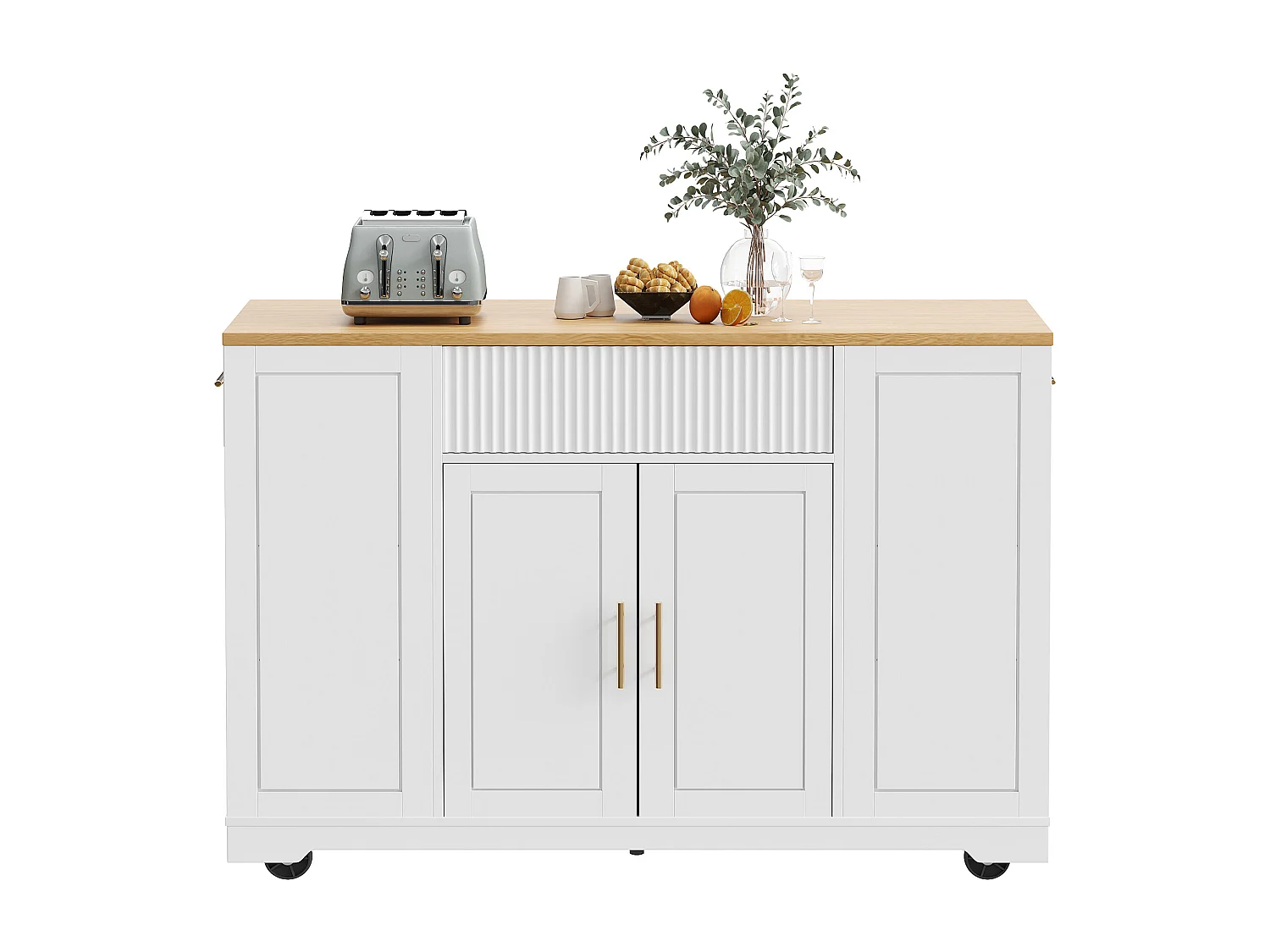 Ilot central de cuisine mobile - 3 portes et 2 tiroirs - étagères ouvertes - avec compartiment poubelle - MDF - Blanc