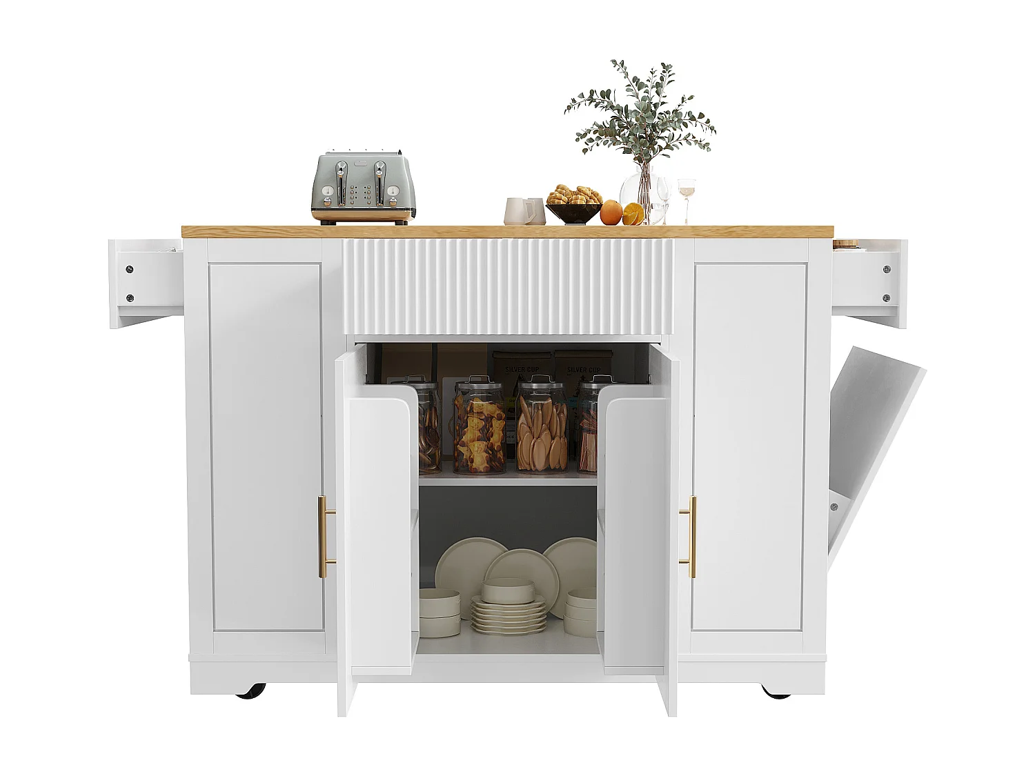 Ilot central de cuisine mobile - 3 portes et 2 tiroirs - étagères ouvertes - avec compartiment poubelle - MDF - Blanc