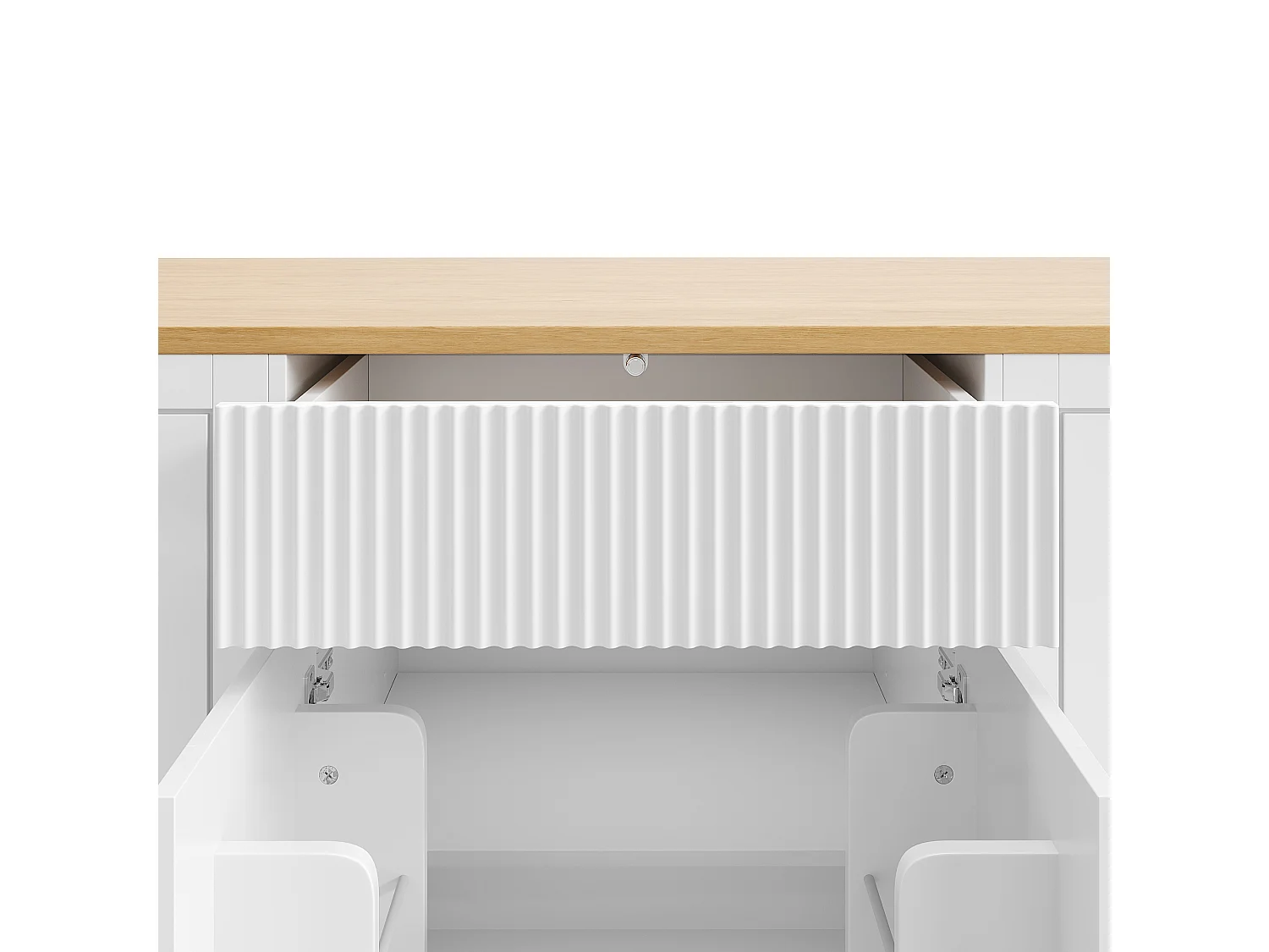 Ilot central de cuisine mobile - 3 portes et 2 tiroirs - étagères ouvertes - avec compartiment poubelle - MDF - Blanc