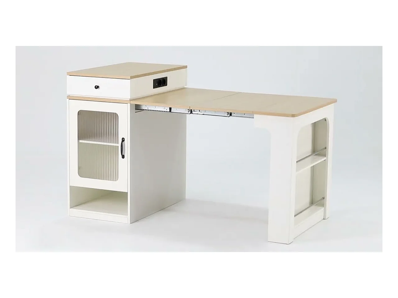 Ilot central de cuisine - avec prise de courant - avec table à manger amovible et extensible - texture de marbre - avec 1 porte - noir + blanc