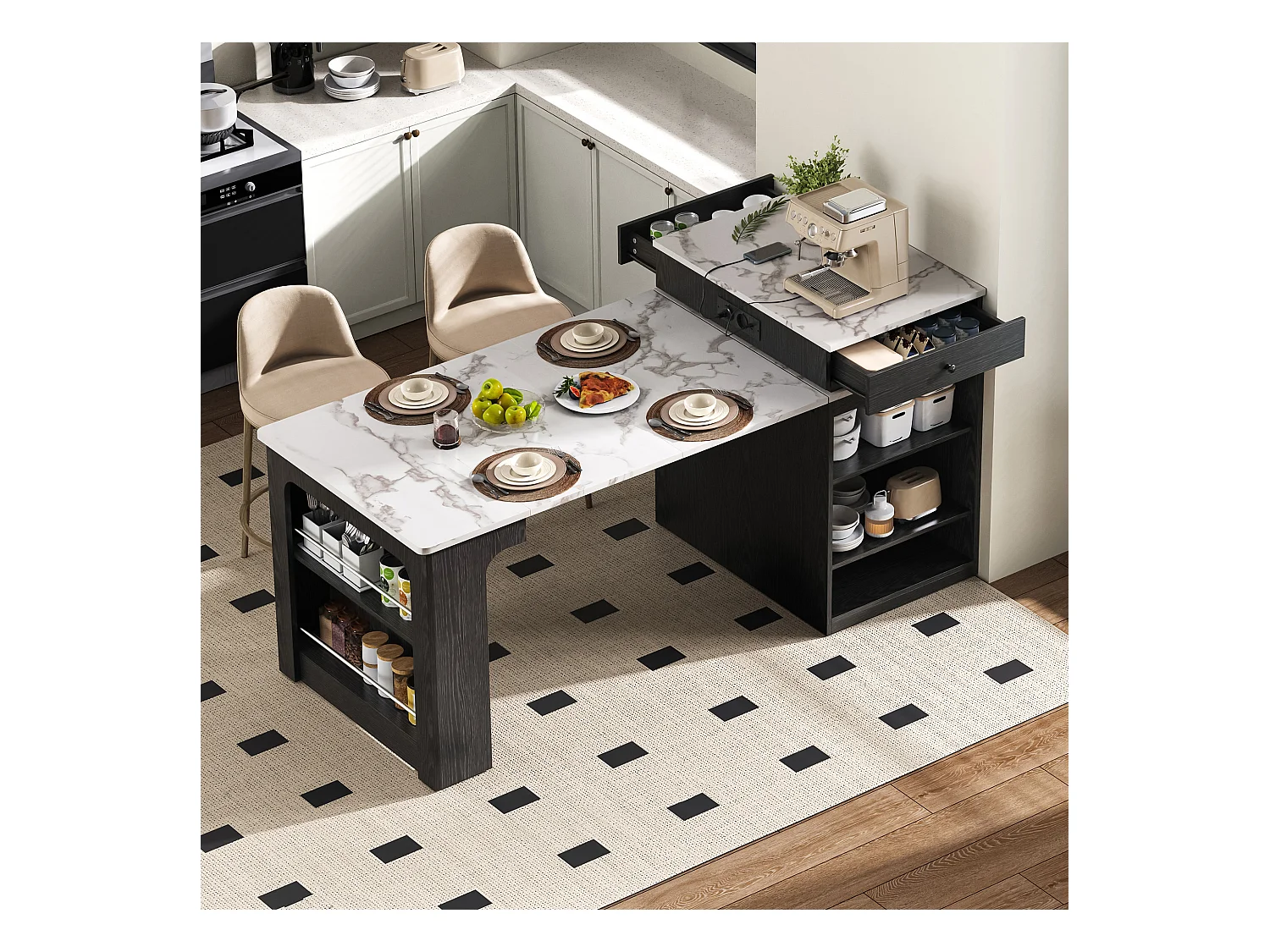 Ilot central de cuisine - avec prise de courant - avec table à manger amovible et extensible - texture de marbre - avec 1 porte - noir + blanc