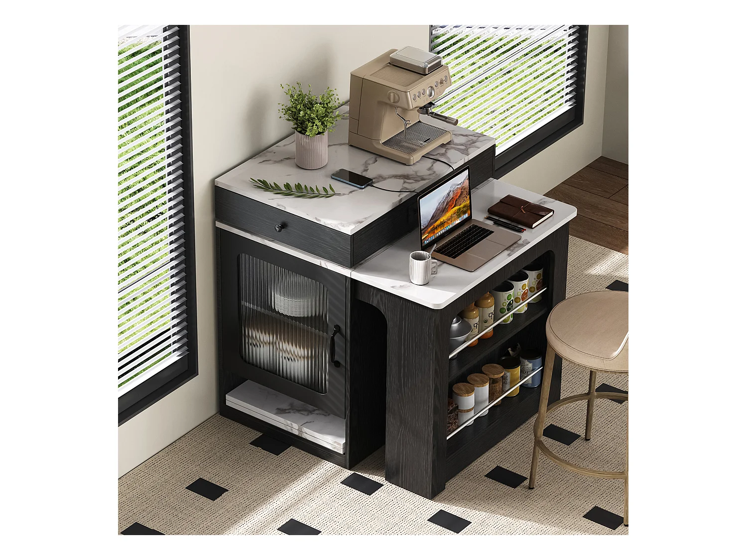 Ilot central de cuisine - avec prise de courant - avec table à manger amovible et extensible - texture de marbre - avec 1 porte - noir + blanc