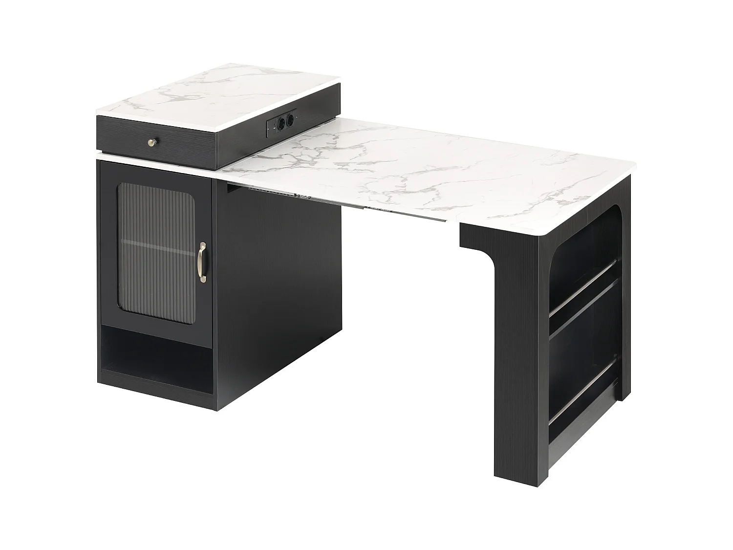 Ilot central de cuisine - avec prise de courant - avec table à manger amovible et extensible - texture de marbre - avec 1 porte - noir + blanc