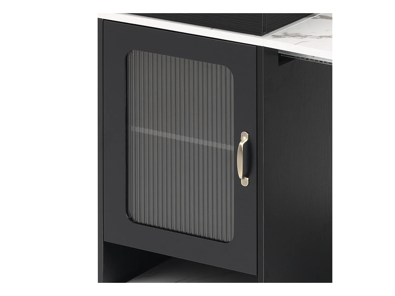 Ilot central de cuisine - avec prise de courant - avec table à manger amovible et extensible - texture de marbre - avec 1 porte - noir + blanc