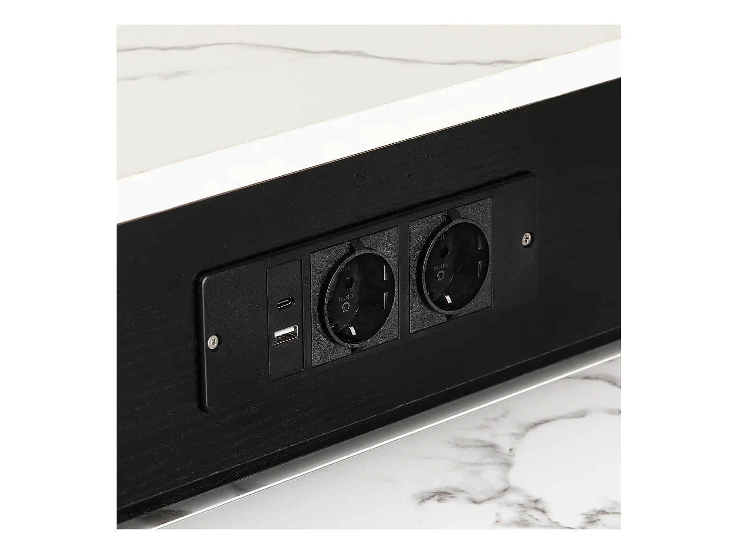 Ilot central de cuisine - avec prise de courant - avec table à manger amovible et extensible - texture de marbre - avec 1 porte - noir + blanc