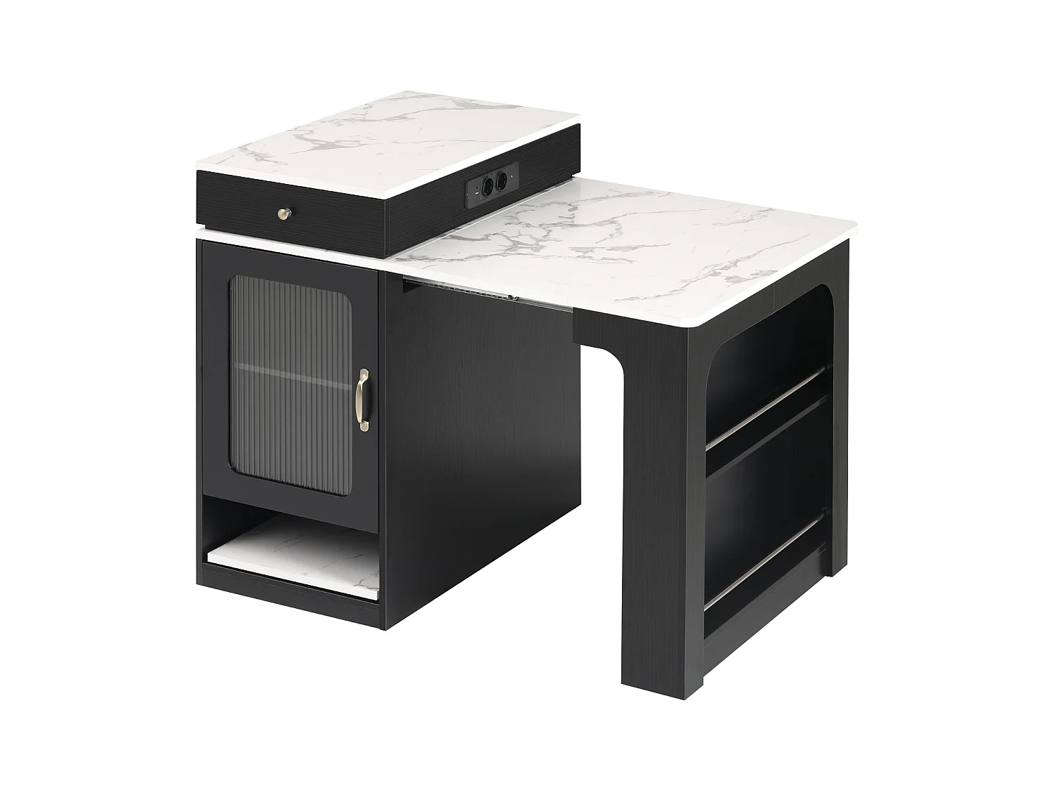 Ilot central de cuisine - avec prise de courant - avec table à manger amovible et extensible - texture de marbre - avec 1 porte - noir + blanc