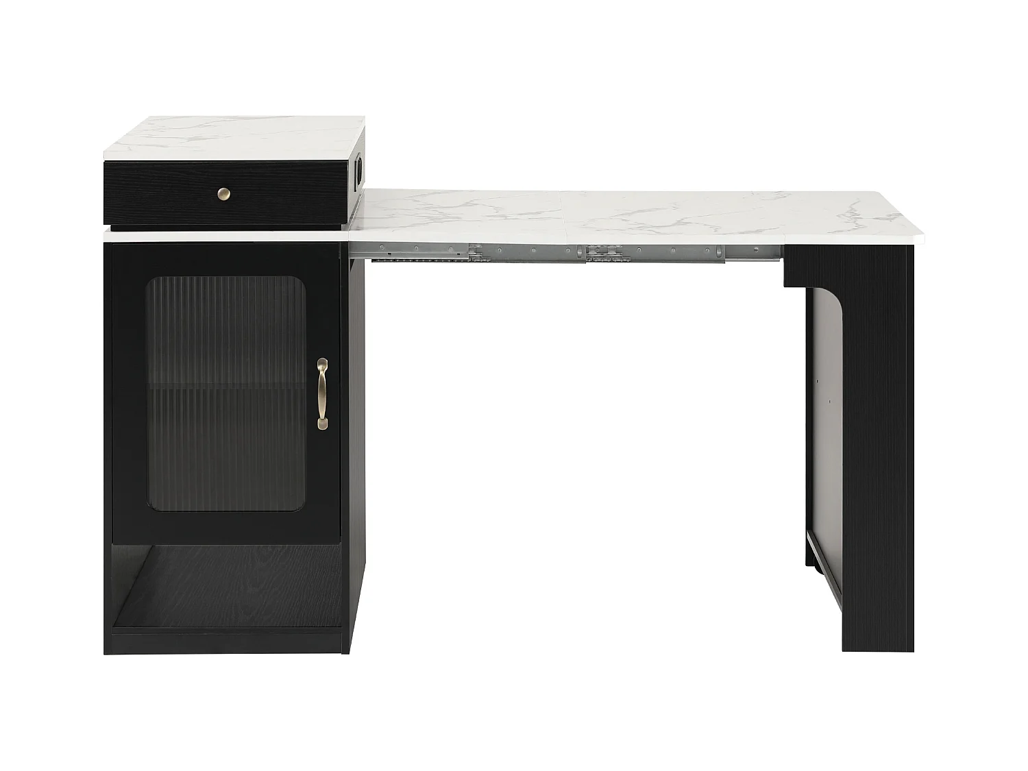 Ilot central de cuisine - avec prise de courant - avec table à manger amovible et extensible - texture de marbre - avec 1 porte - noir + blanc