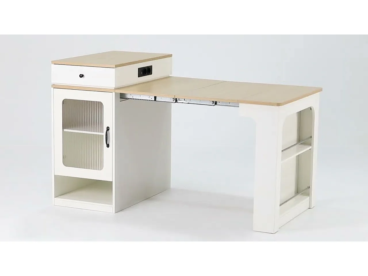 Ilot central de cuisine - avec prise de courant - avec table à manger amovible et extensible - texture de marbre - avec 1 porte - noir + blanc