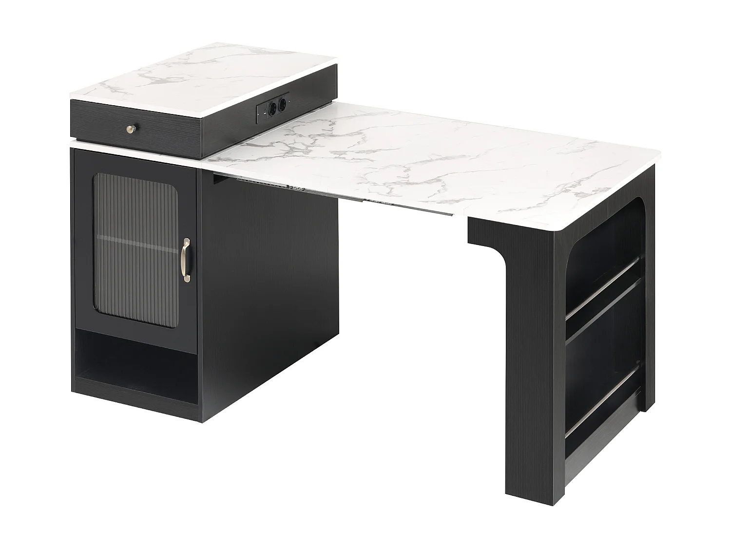 Ilot central de cuisine - avec prise de courant - avec table à manger amovible et extensible - texture de marbre - avec 1 porte - noir + blanc