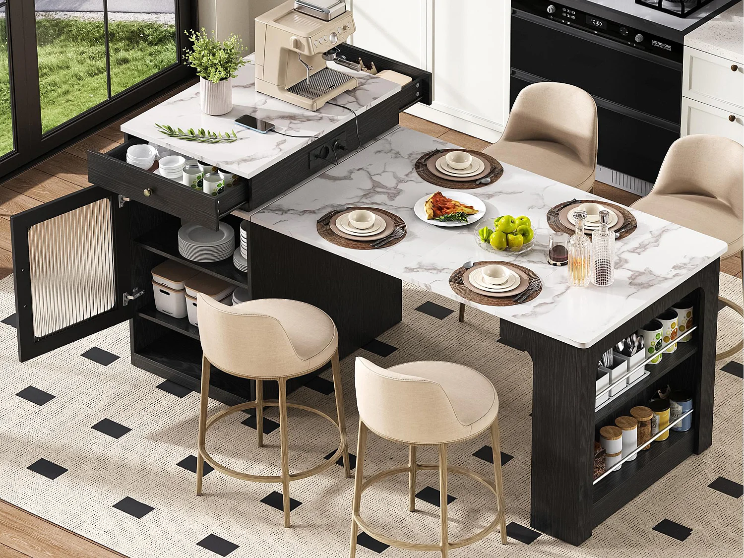 Ilha de cozinha - Com tomada elétrica - Com mesa de jantar removível e extensível - ​​Textura de mármore​​ - Com 1 porta - ​​Preto + Branco​
