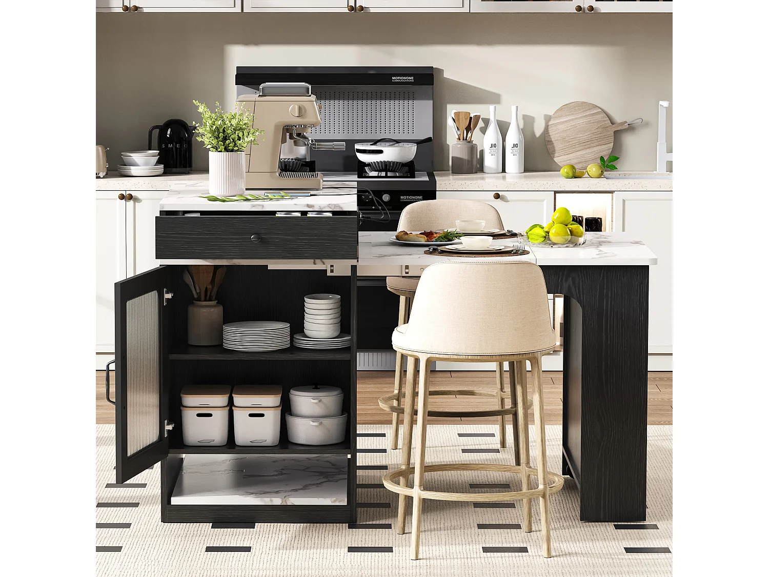 Ilha de cozinha - Com tomada elétrica - Com mesa de jantar removível e extensível - ​​Textura de mármore​​ - Com 1 porta - ​​Preto + Branco​
