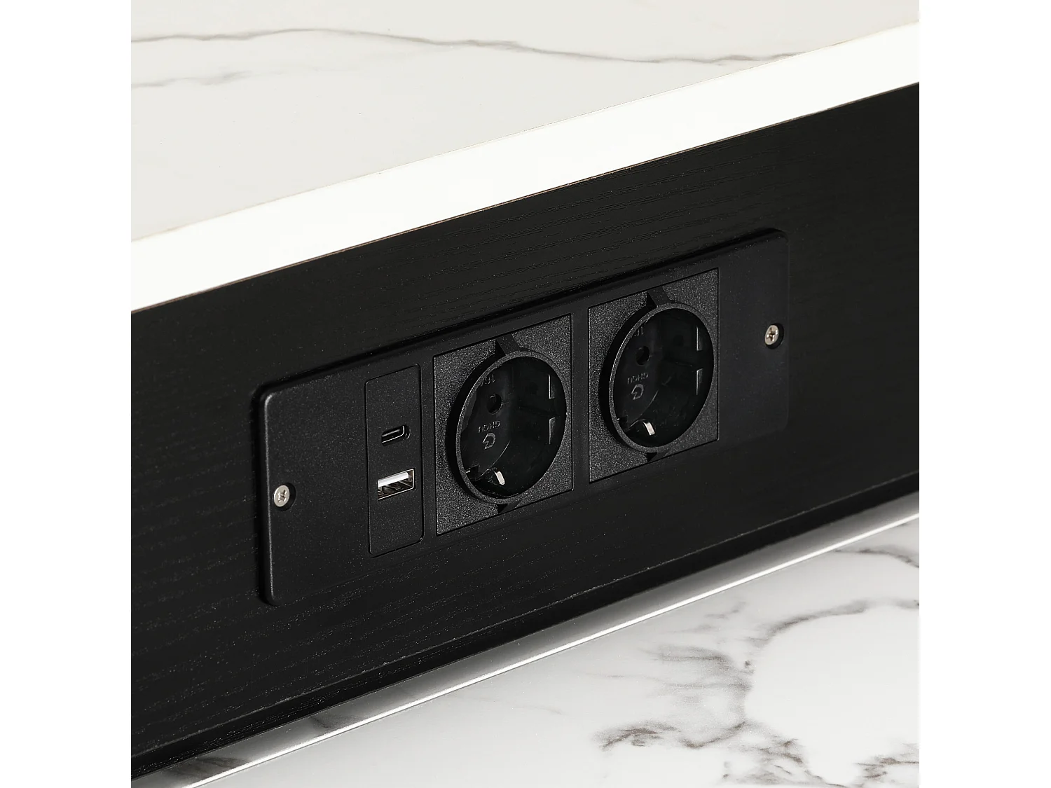 Ilha de cozinha - Com tomada elétrica - Com mesa de jantar removível e extensível - ​​Textura de mármore​​ - Com 1 porta - ​​Preto + Branco​