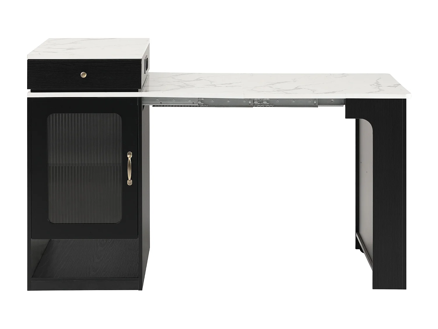 Ilha de cozinha - Com tomada elétrica - Com mesa de jantar removível e extensível - ​​Textura de mármore​​ - Com 1 porta - ​​Preto + Branco​