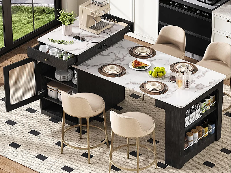 Ilha de cozinha - Com tomada elétrica - Com mesa de jantar removível e extensível - ​​Textura de mármore​​ - Com 1 porta - ​​Preto + Branco​