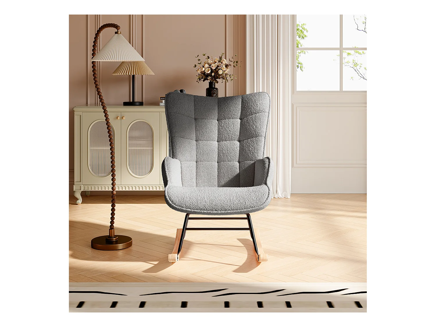 Fauteuil à Bascule - Fauteuil à Oreilles Rembourré - Pieds en Métal et en Bois Massif - Velours Teddy