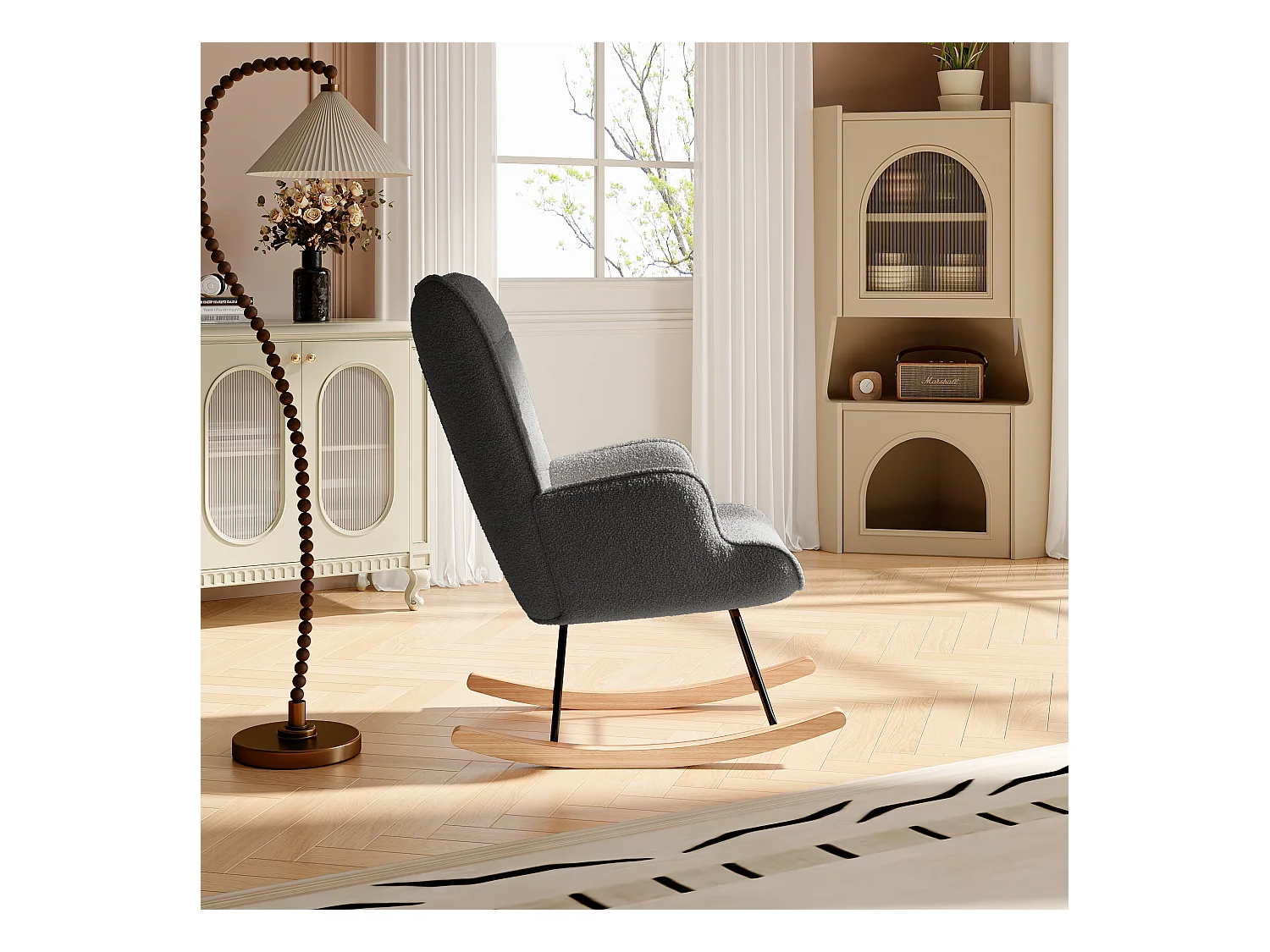 Fauteuil à Bascule - Fauteuil à Oreilles Rembourré - Pieds en Métal et en Bois Massif - Velours Teddy