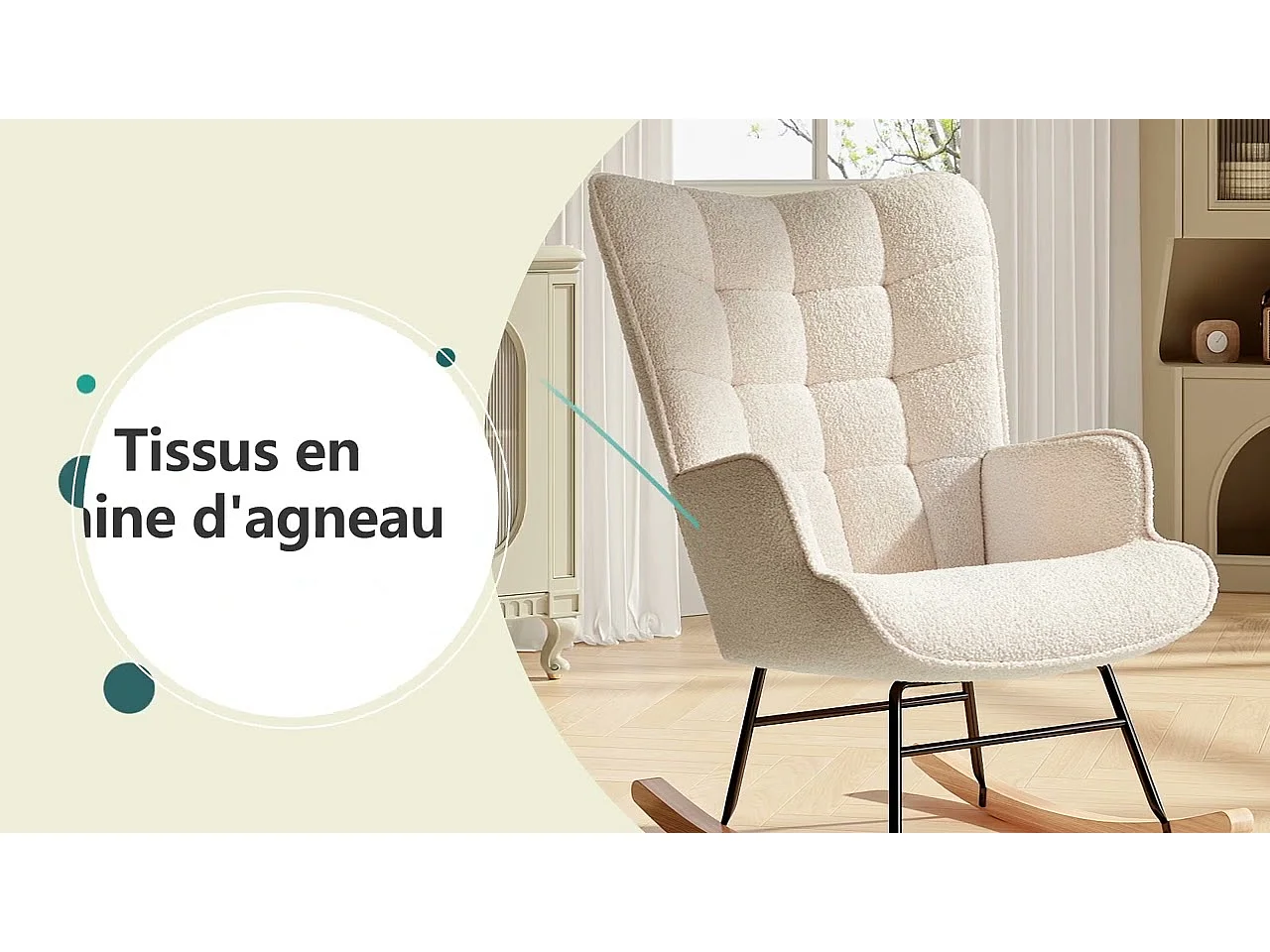 Fauteuil à Bascule - Fauteuil à Oreilles Rembourré - Pieds en Métal et en Bois Massif - Velours Teddy