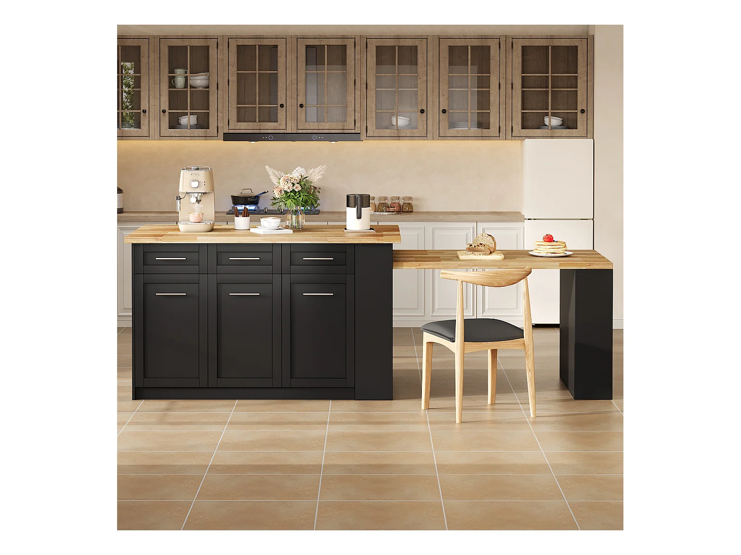 Ilot central de cuisine 150x90x90cm - avec table à manger rétractable - texture du bois - avec un grand espace de rangement - Noir + Naturel