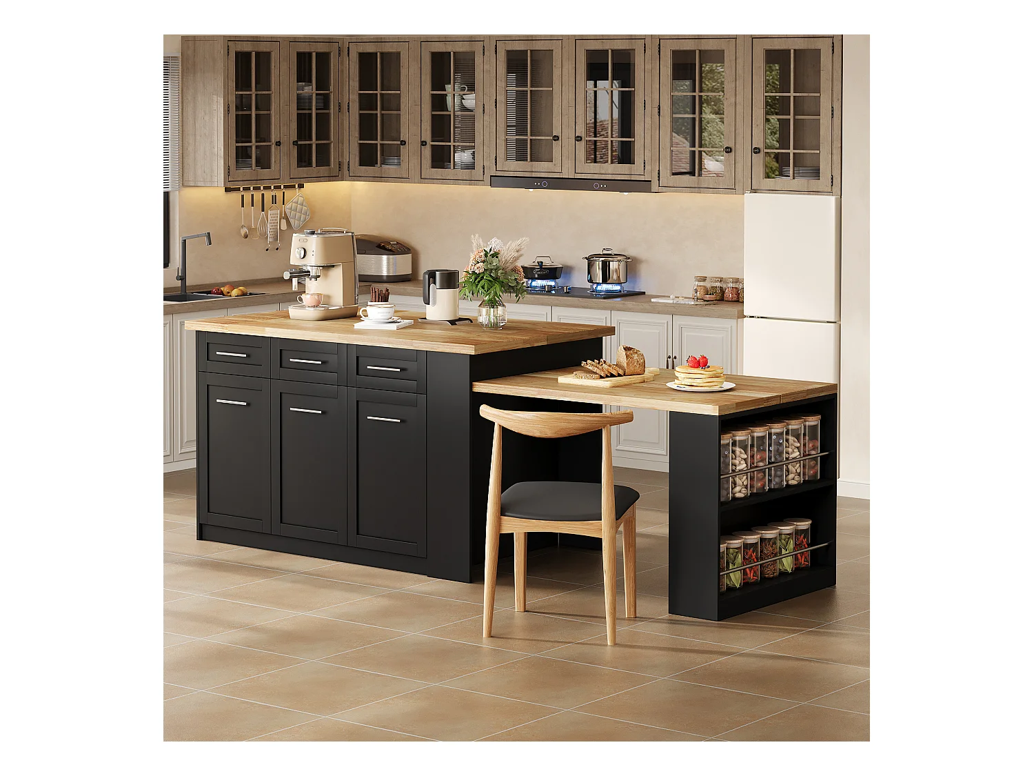 Ilot central de cuisine 150x90x90cm - avec table à manger rétractable - texture du bois - avec un grand espace de rangement - Noir + Naturel