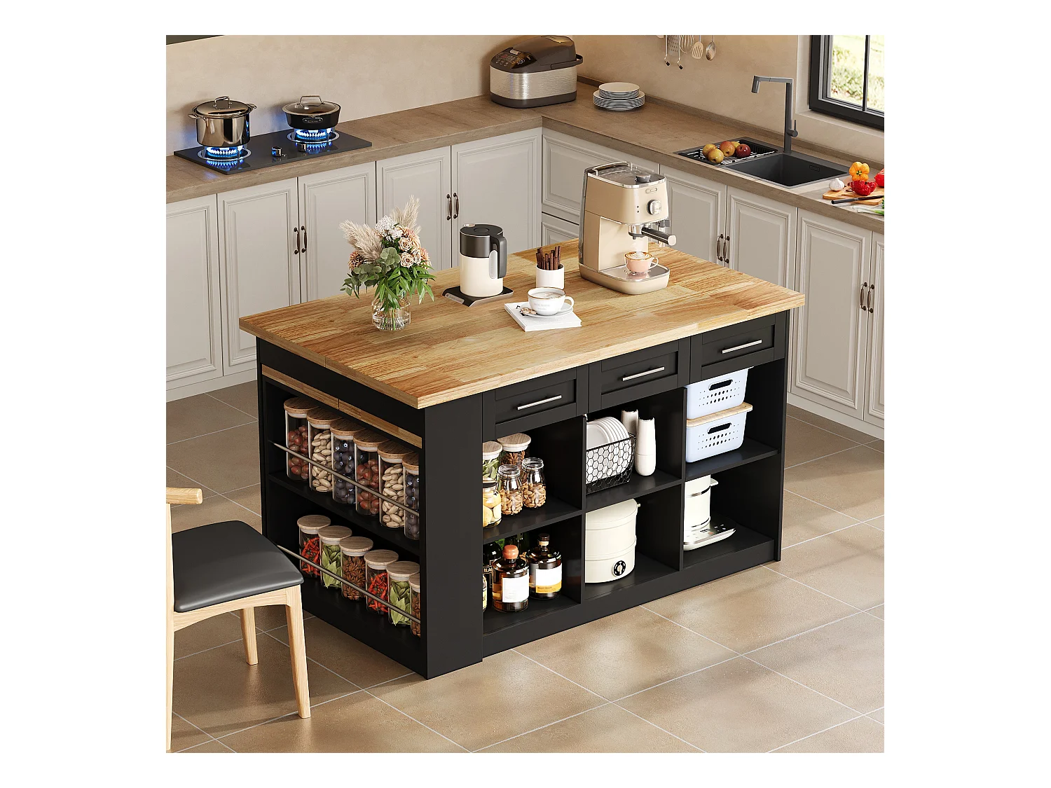 Ilot central de cuisine 150x90x90cm - avec table à manger rétractable - texture du bois - avec un grand espace de rangement - Noir + Naturel