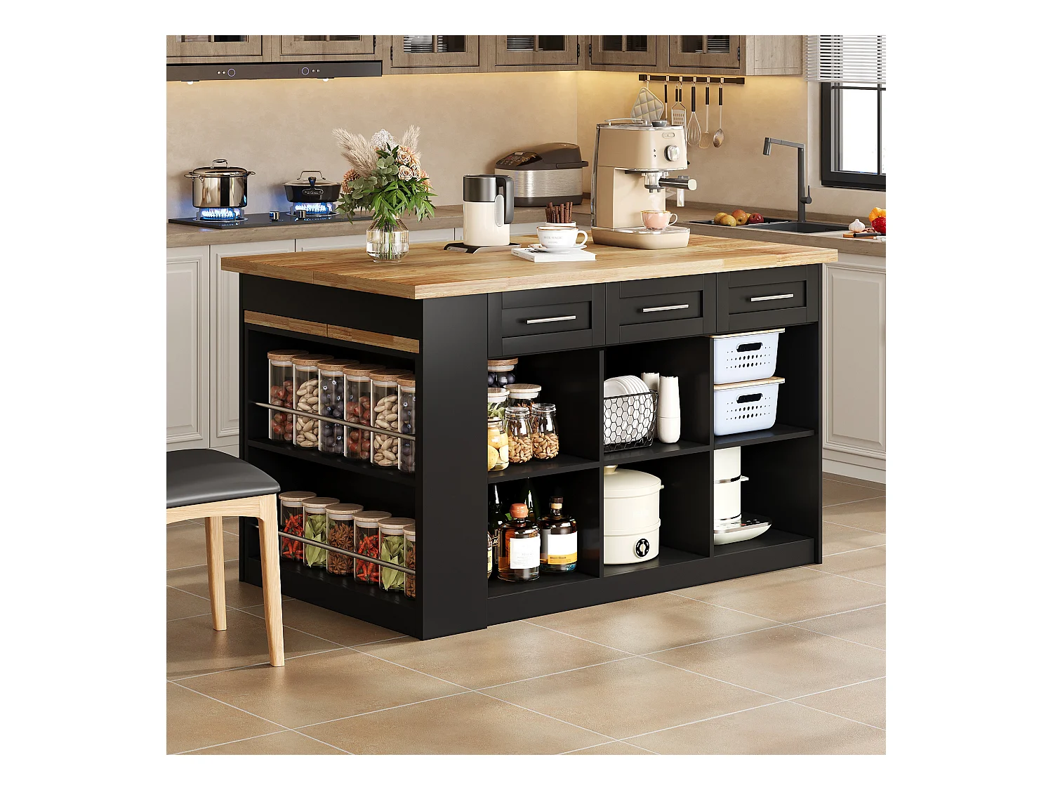 Ilot central de cuisine 150x90x90cm - avec table à manger rétractable - texture du bois - avec un grand espace de rangement - Noir + Naturel