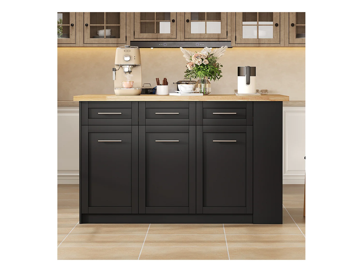 Ilot central de cuisine 150x90x90cm - avec table à manger rétractable - texture du bois - avec un grand espace de rangement - Noir + Naturel